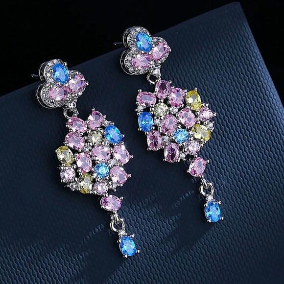 Blue Pink Topaz Citrine Zircon Dangle Earrings Wedding Bridal Anniversary - Picture 2 of 5
